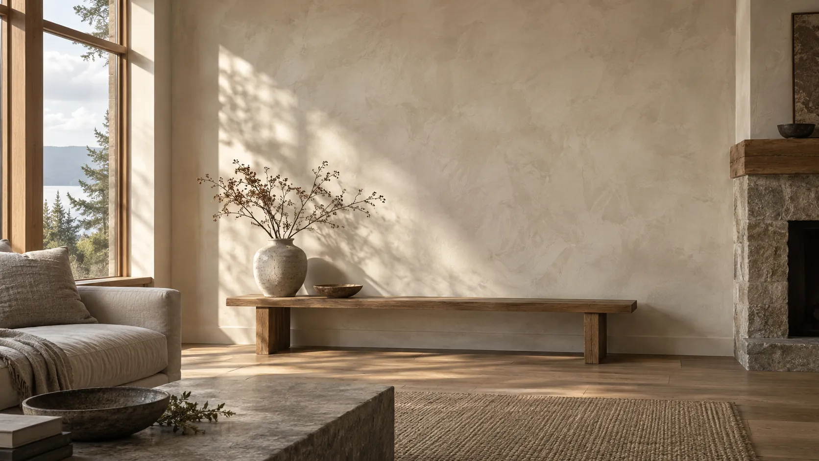 Ivory limewash on a living-room wall in low morning light