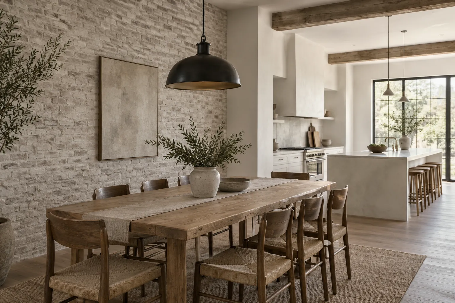 Dining area with a limewashed interior brick wall