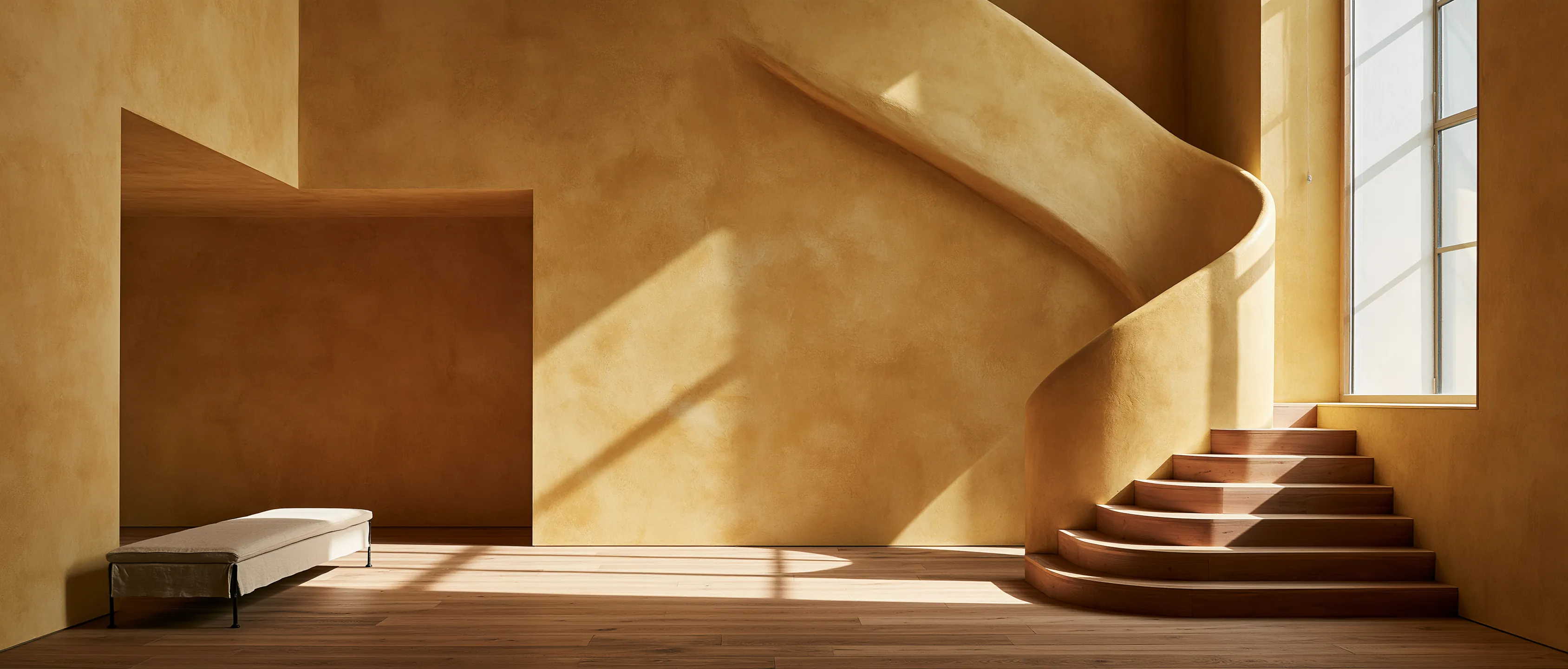 An ochre limewashed stair hall with a curved plaster staircase, a low upholstered bench and sun from a tall window