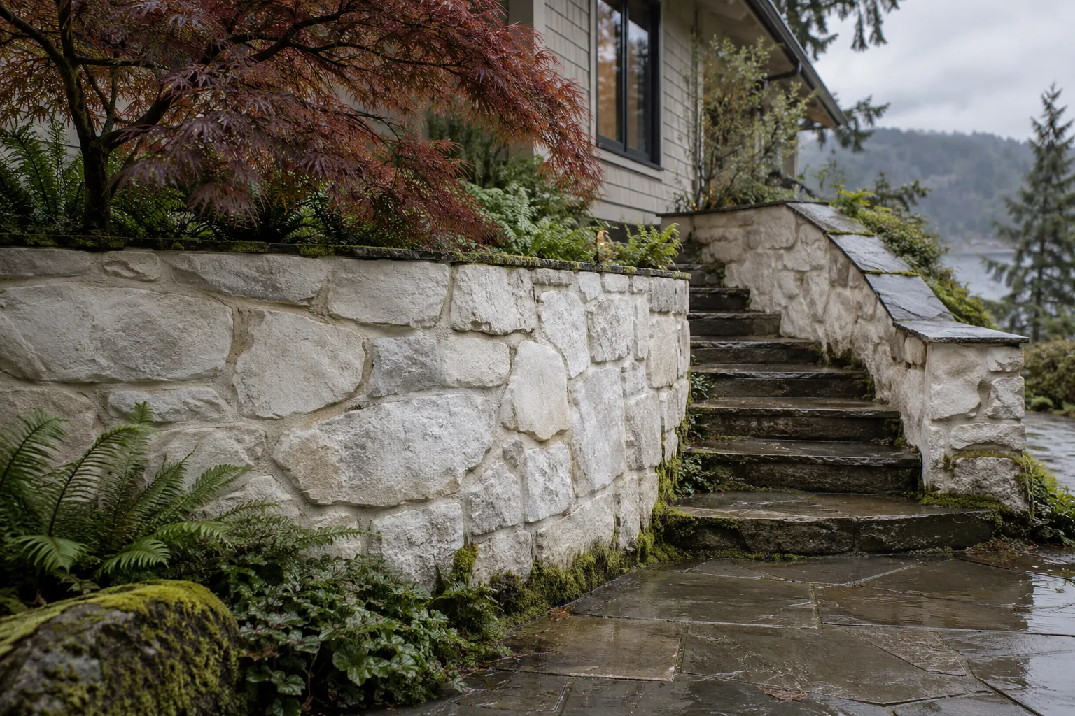 Fieldstone retaining wall and steps limewashed bone white