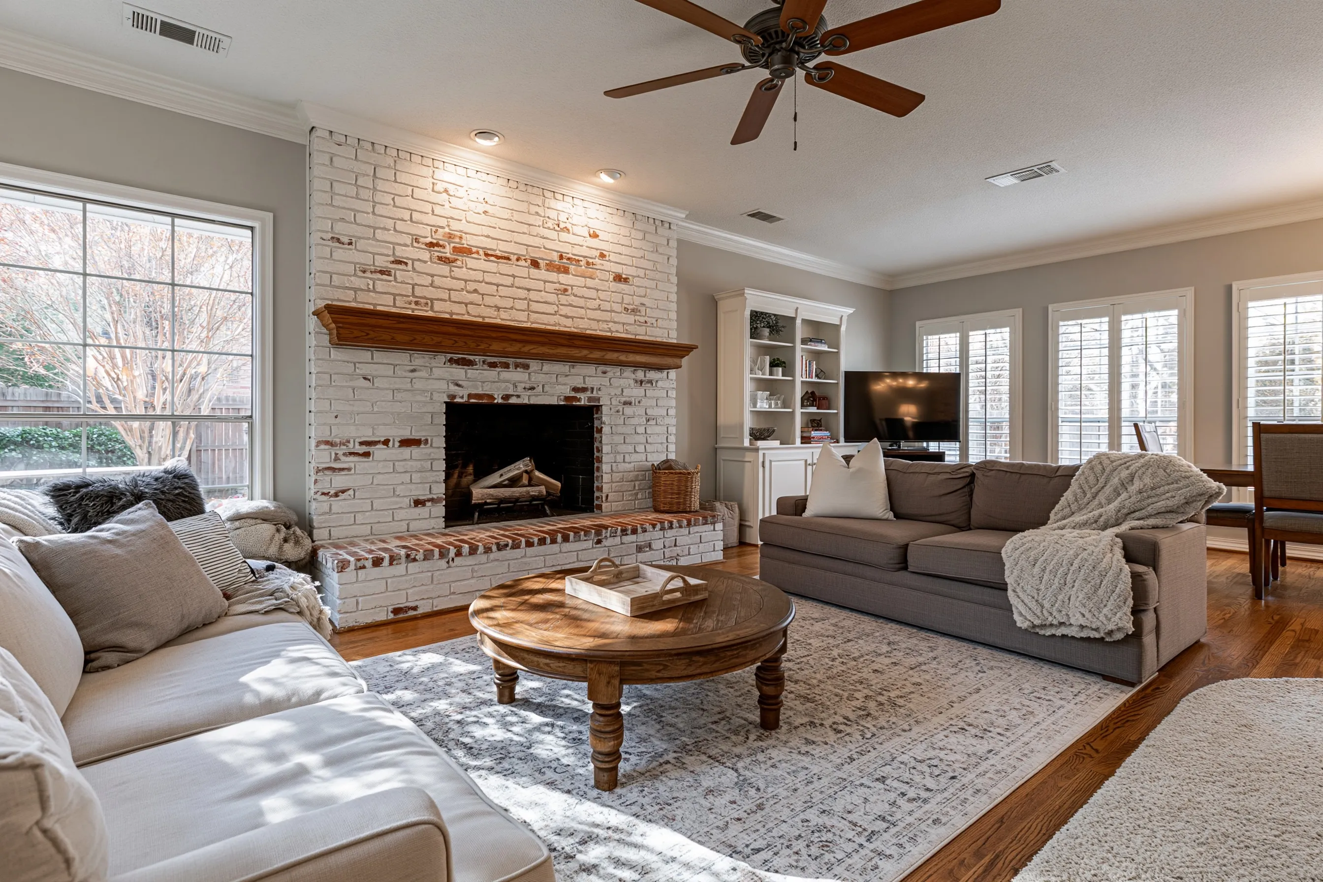 Family room with a full-height brick fireplace limewashed chalk white with red showing through, a wood mantel shelf and a bare red brick hearth top