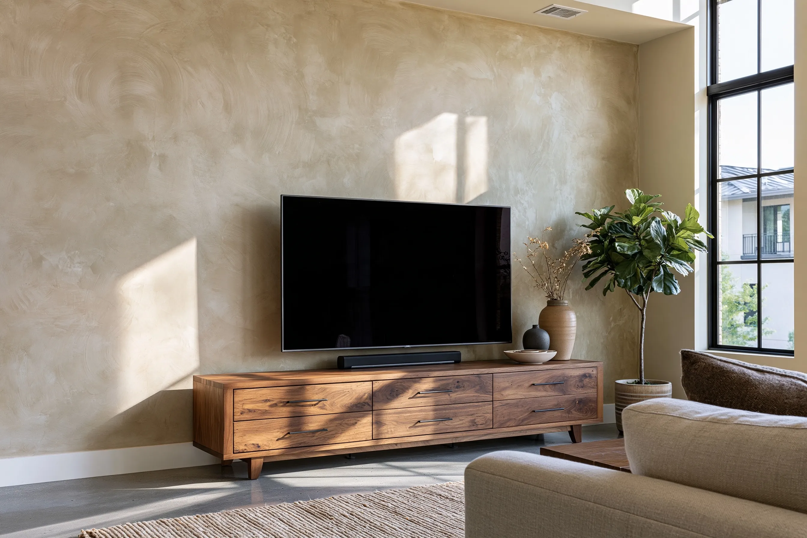 Condo living room with one long clay-beige limewash wall behind a wall-mounted TV and walnut media console, on a concrete floor