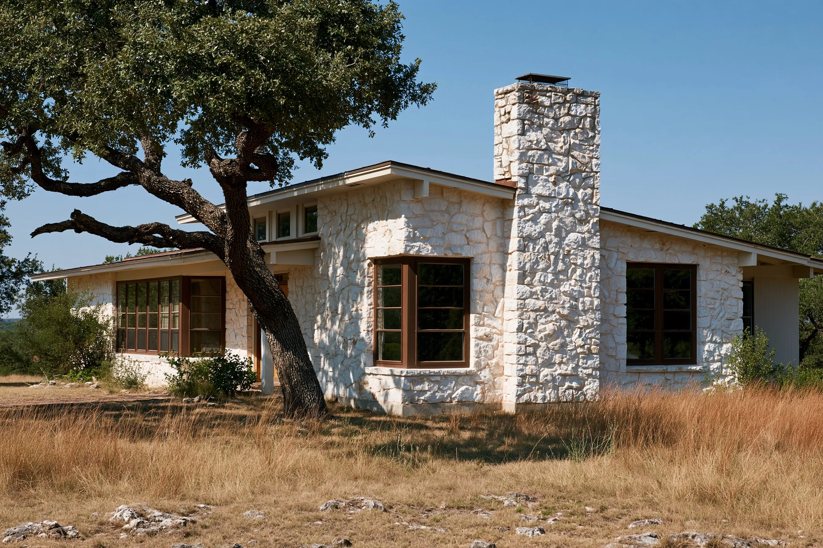 Single-story house with chopped limestone walls and a tall stone chimney limewashed white, beside a live oak in dry grass