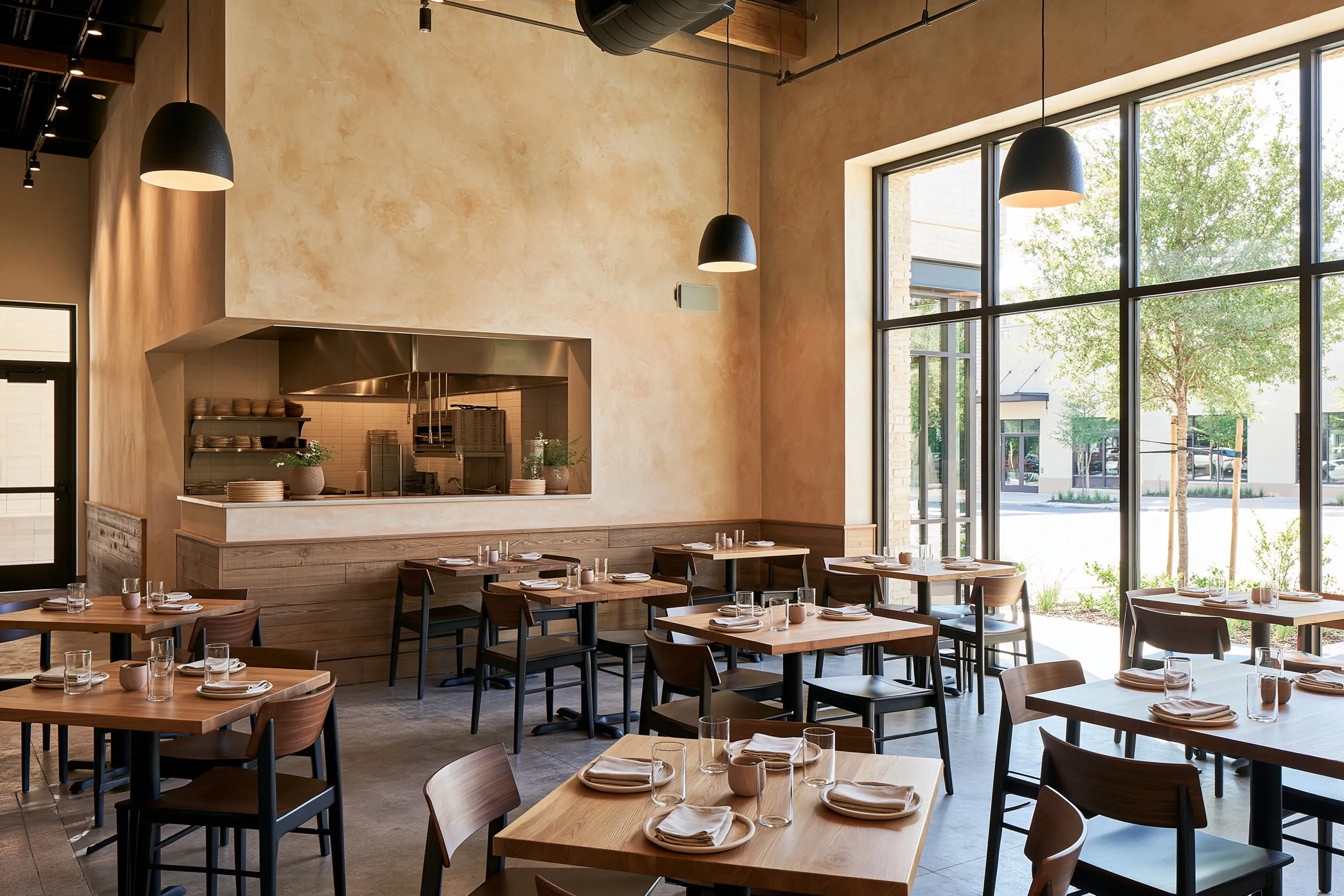 Casual restaurant with tall ochre limewash walls above wood wainscoting, black pendant lights, an open kitchen pass-through and tall street windows